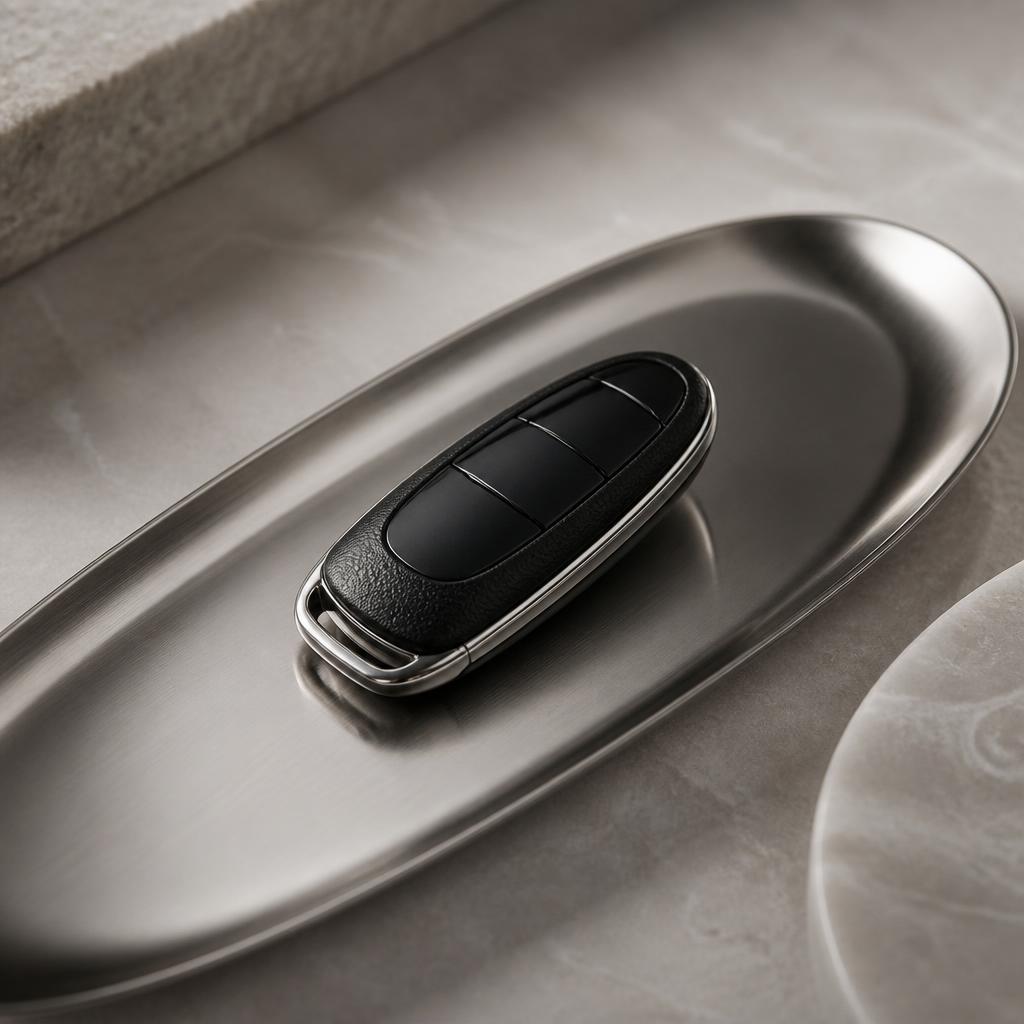 A modern car key fob resting on a brushed steel tray