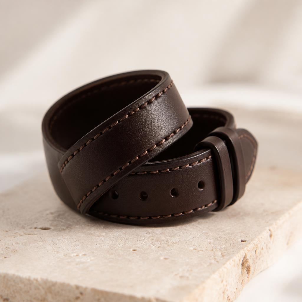 A coiled leather watch strap resting on natural stone