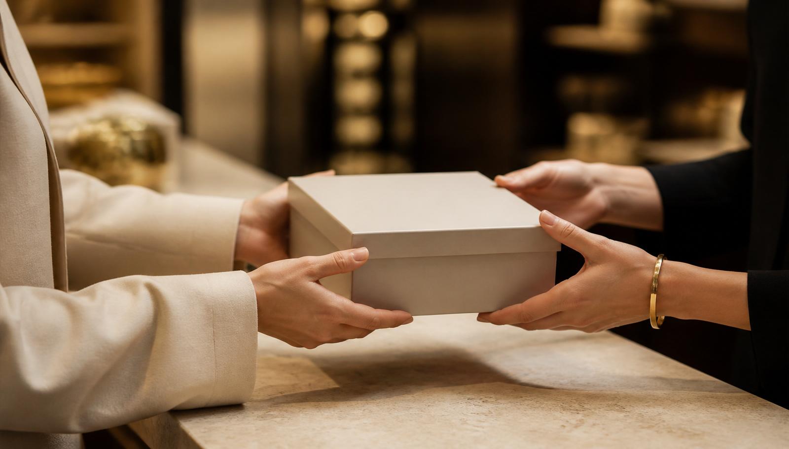 A boutique associate handing a customer their purchase — the moment a warranty is issued on Warrantik