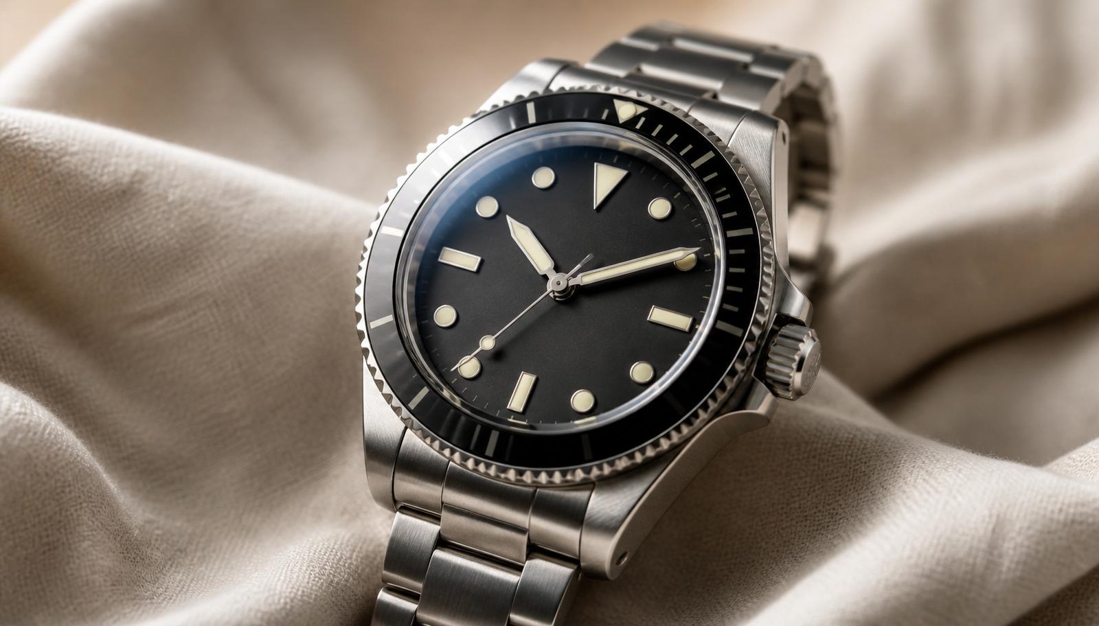 A stainless steel dive watch resting on natural linen — the kind of purchase Warrantik protects